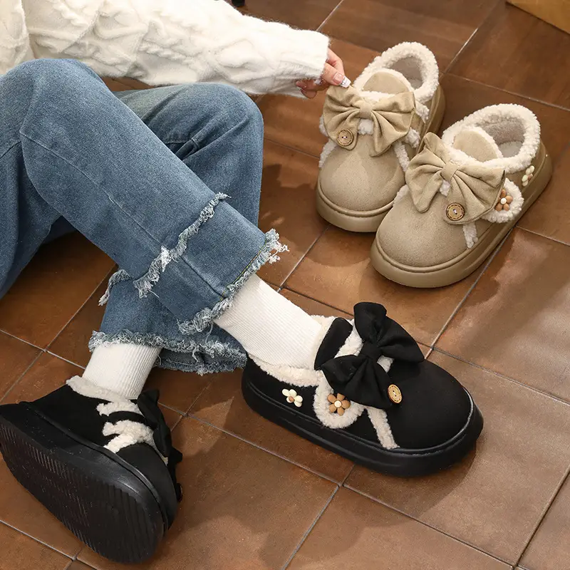 Women's Black Bow Warm Winter Slippers
