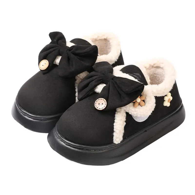 Women's Black Bow Warm Winter Slippers