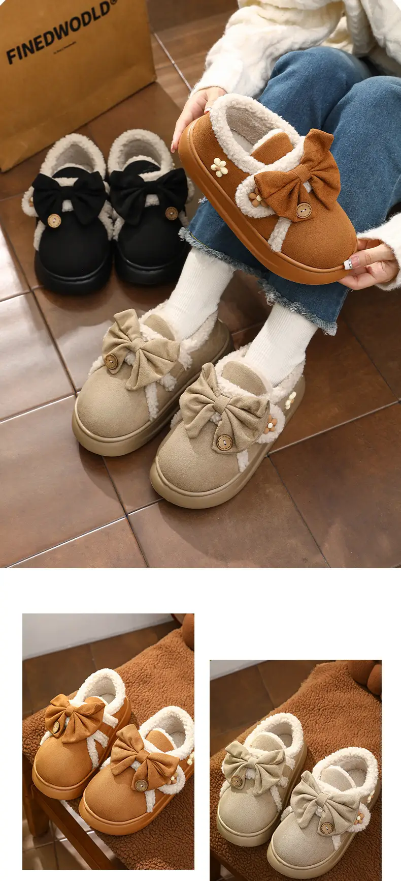 Women's Black Bow Warm Winter Slippers — feature 10