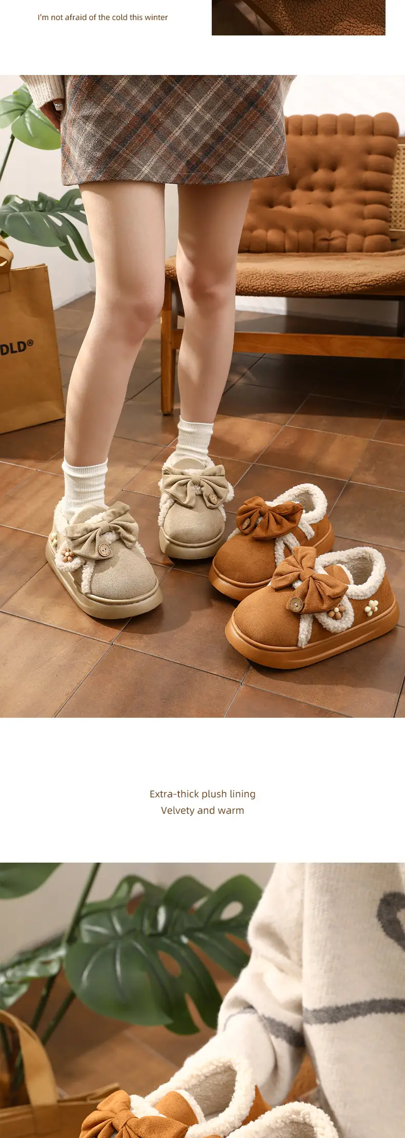 Women's Black Bow Warm Winter Slippers — feature 11