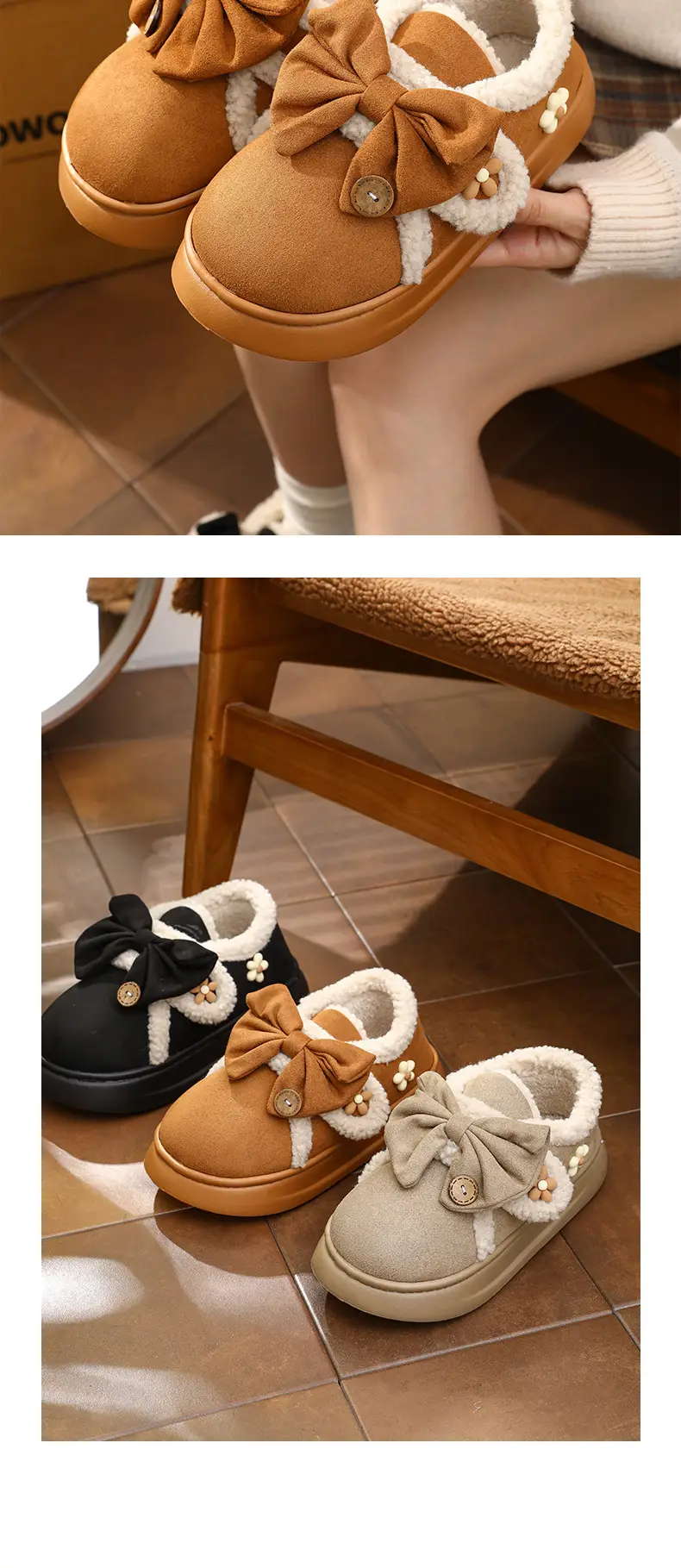 Women's Black Bow Warm Winter Slippers — feature 12