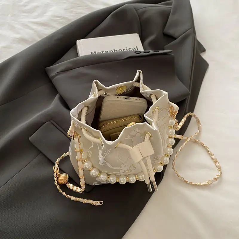 Women's Pearl Chain Bucket Bag Pink Lace - Image 5