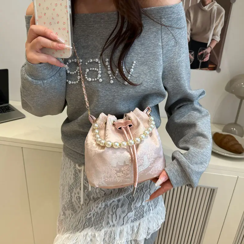 Women's Pearl Chain Bucket Bag Pink Lace - Image 6