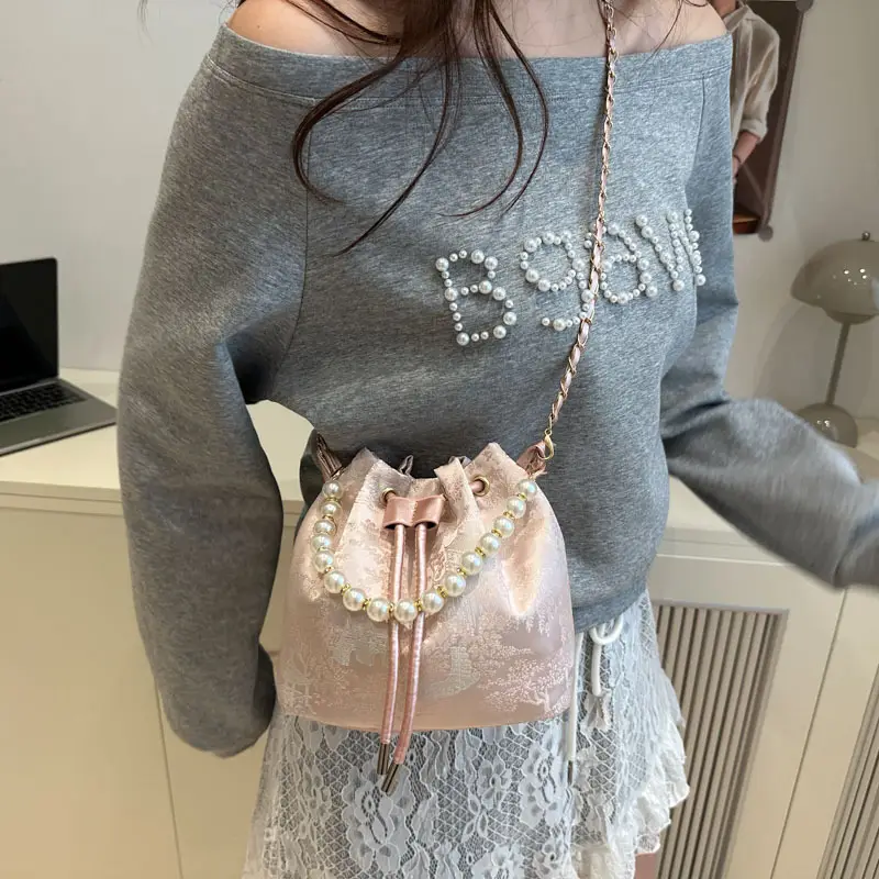 Women's Pearl Chain Bucket Bag Pink Lace - Image 7