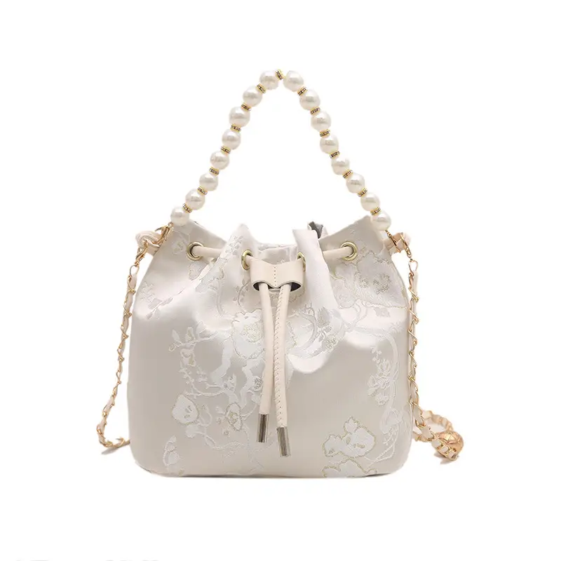 Women's Pearl Chain Bucket Bag Pink Lace - Image 8