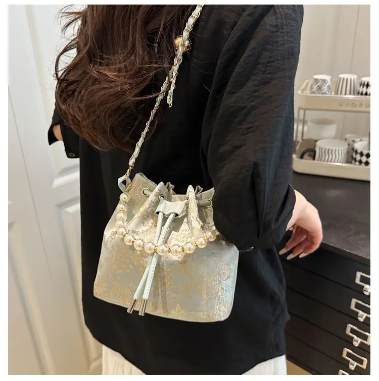 Women's Pearl Chain Bucket Bag Pink Lace — feature 11