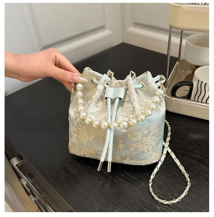 Women's Pearl Chain Bucket Bag Pink Lace — feature 15