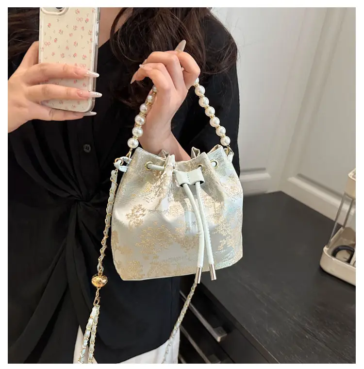 Women's Pearl Chain Bucket Bag Pink Lace — feature 16