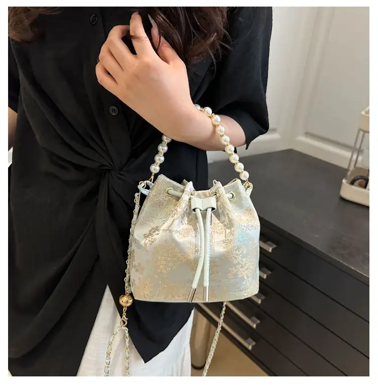 Women's Pearl Chain Bucket Bag Pink Lace — feature 17