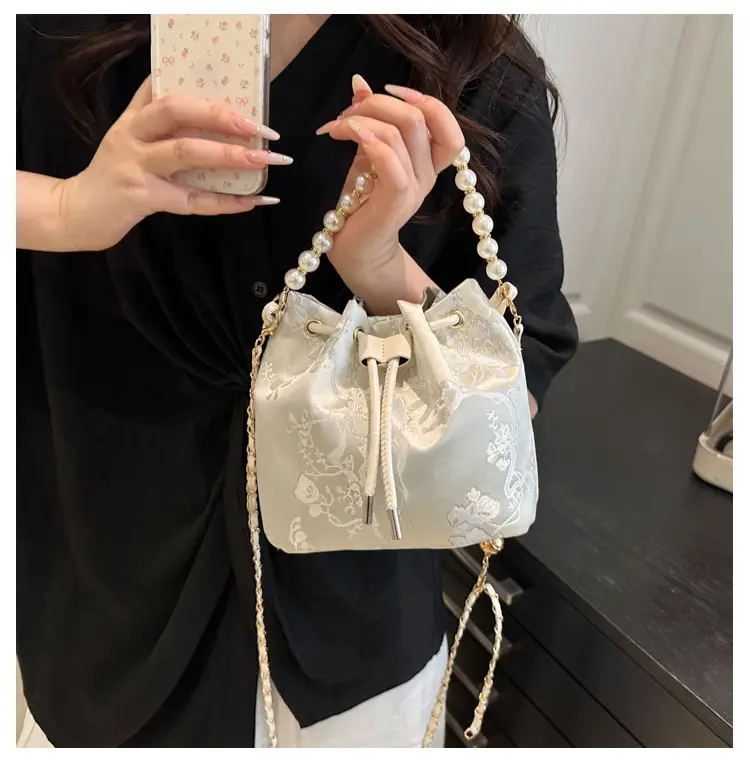 Women's Pearl Chain Bucket Bag Pink Lace — feature 24