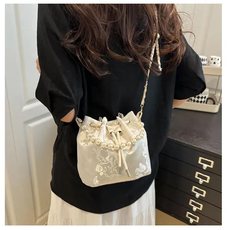 Women's Pearl Chain Bucket Bag Pink Lace — feature 25