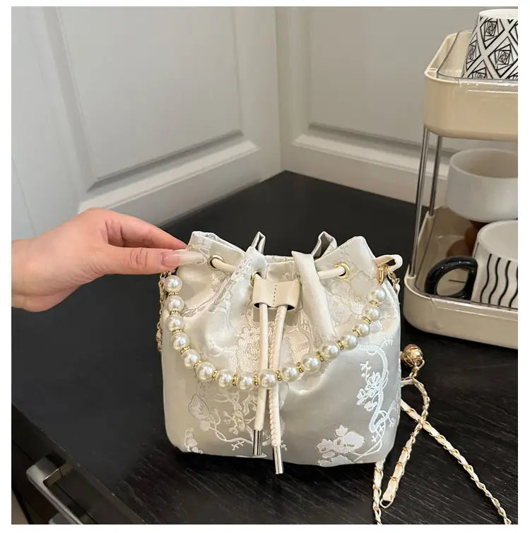 Women's Pearl Chain Bucket Bag Pink Lace — feature 26