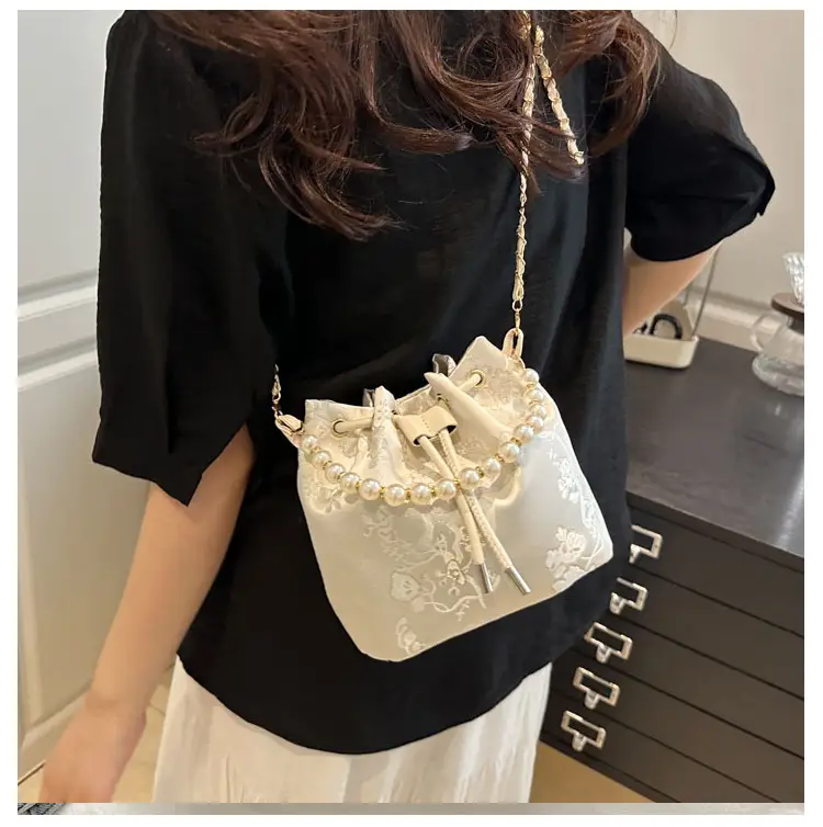Women's Pearl Chain Bucket Bag Pink Lace — feature 28