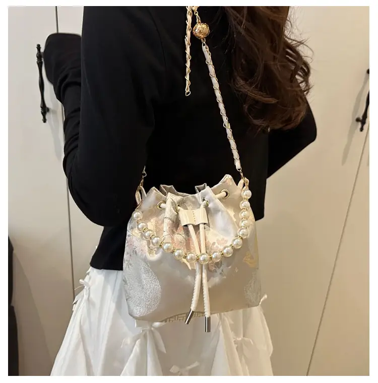 Women's Pearl Chain Bucket Bag Pink Lace — feature 29