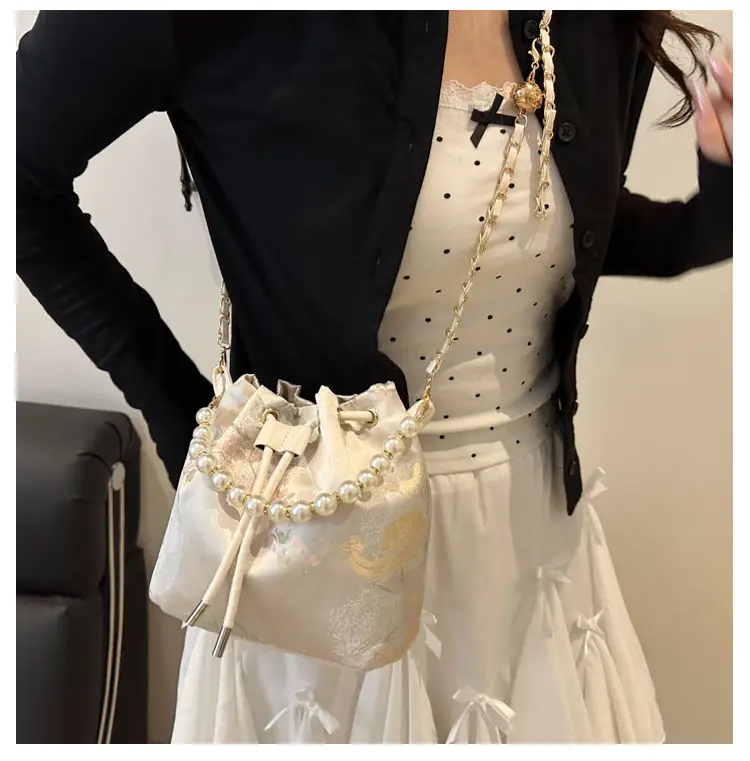 Women's Pearl Chain Bucket Bag Pink Lace — feature 30