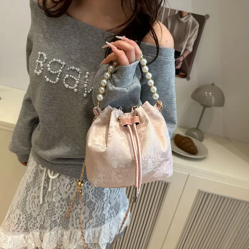 Women's Pearl Chain Bucket Bag Pink Lace - Image 2