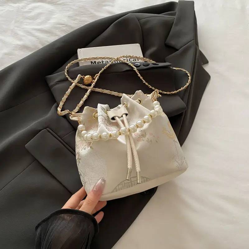 Women's Pearl Chain Bucket Bag Pink Lace - Image 3