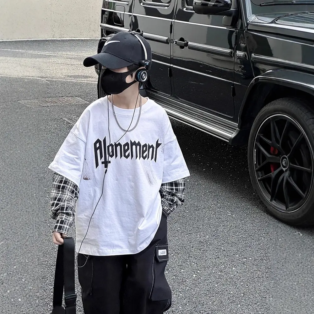 Boys Fake Two-Piece T-Shirt White Long Sleeve Round Neck Bottoming Shirt Boys Autumn 2025 New Kidsren's Long-Sleeved Round Neck Bottoming Shirt Boys Spring Tops Trendy and Cool