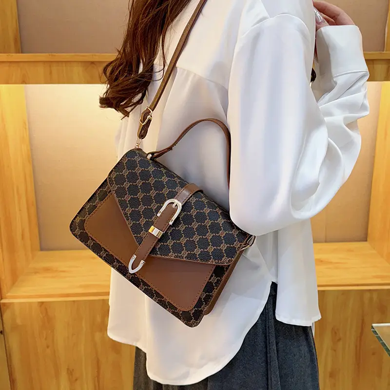 Retro Spliced Satchel Bag for Women Brown Brown - Image 9