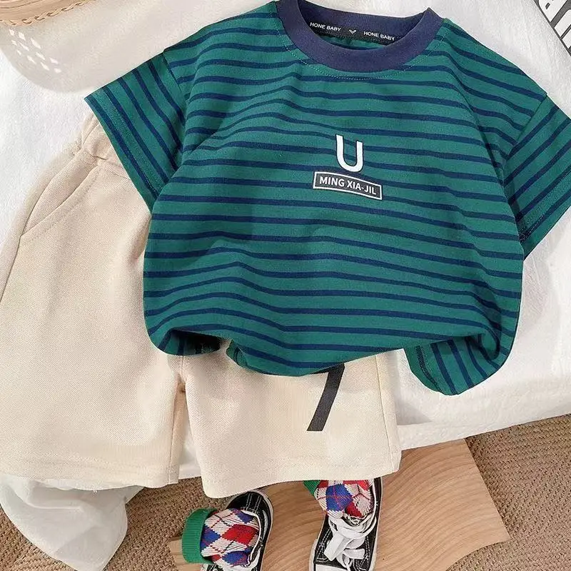 Blue Korean Style Boys T-Shirt New Stripesd 2025