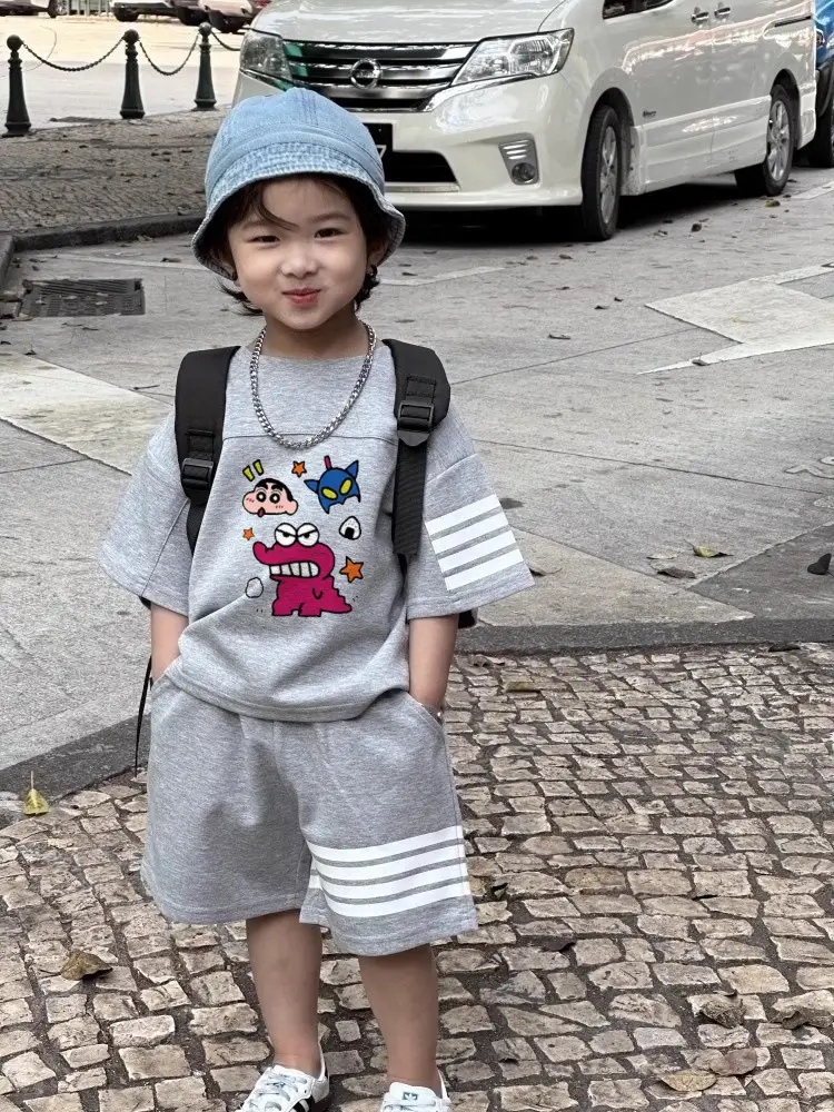 Boys Summer Casual Shorts Set Medium Large Korean Style Cartoon Print — feature 11