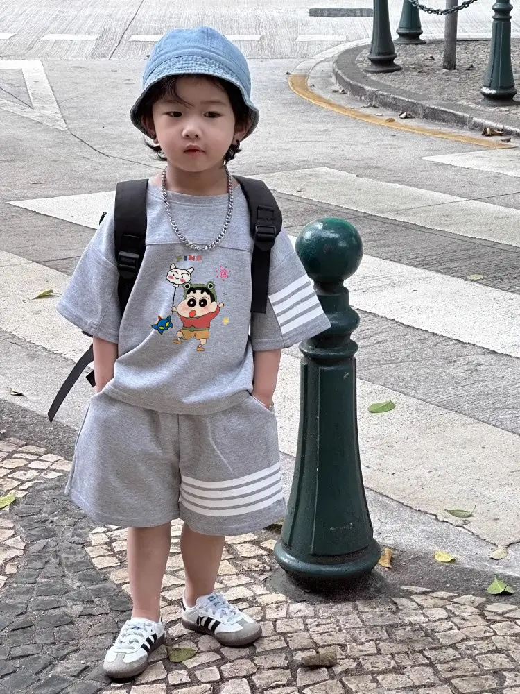 Boys Summer Casual Shorts Set Medium Large Korean Style Cartoon Print — feature 12