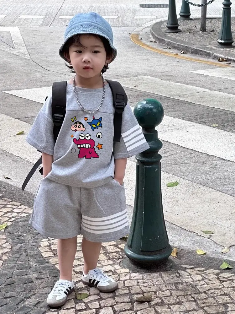 Boys Summer Casual Shorts Set Medium Large Korean Style Cartoon Print — feature 5