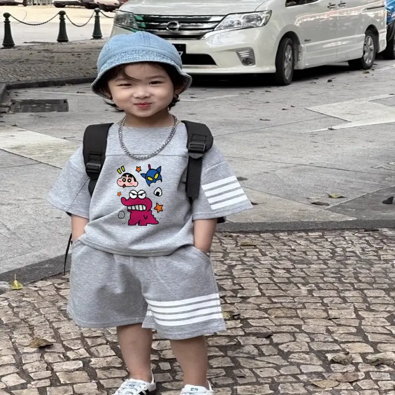 Boys Summer Casual Shorts Set Medium Large Korean Style Cartoon Print - Image 2