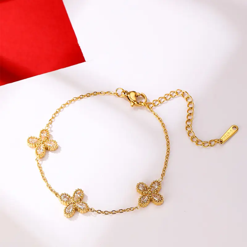 Gold Four Leaf Flower Necklace Earring Set for Women - Image 2