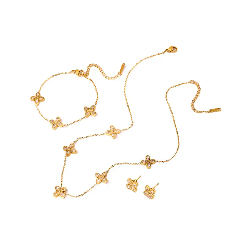 Gold Four Leaf Flower Necklace Earring Set for Women - Image 6