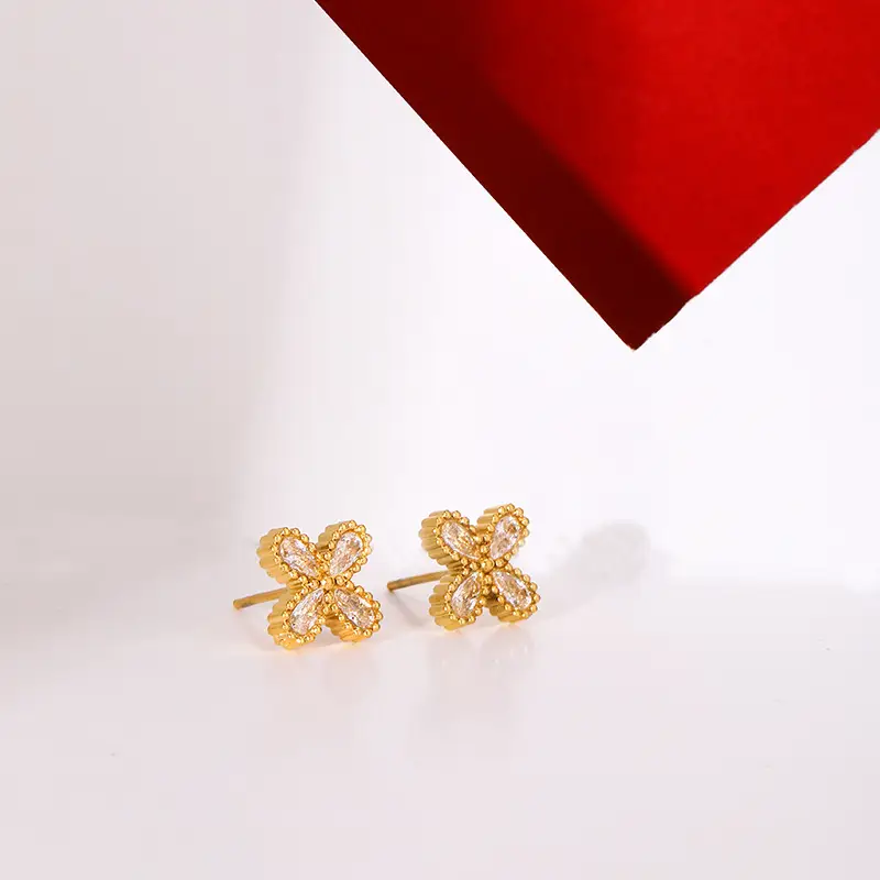 Gold Four Leaf Flower Necklace Earring Set for Women - Image 3