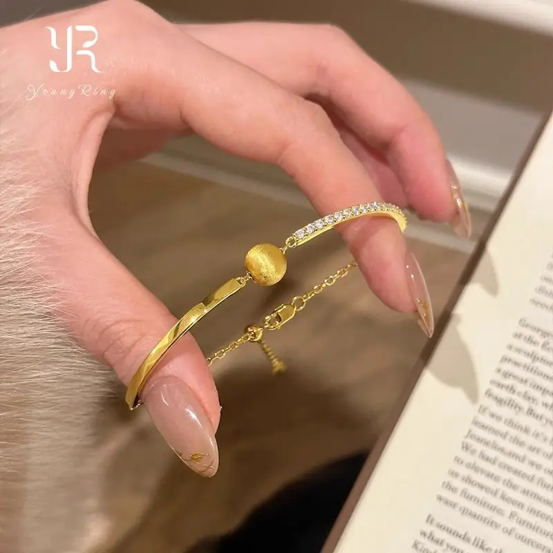 Vintage Brushed Cat's Eye Gold Ball Bracelet with Diamond Studded Chain - Image 5