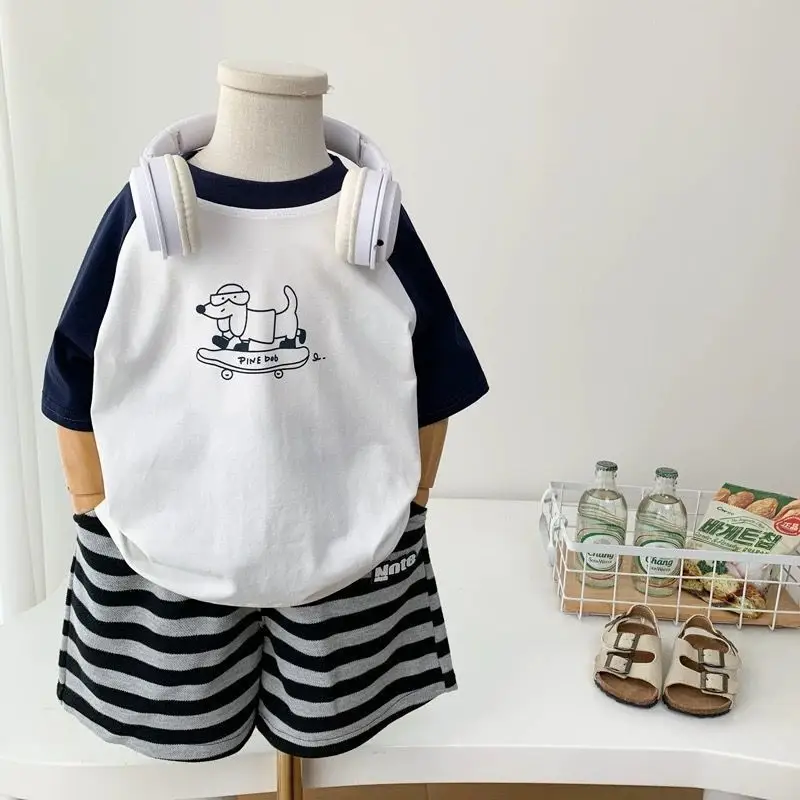 Boys Graphic T-Shirt Shorts Set White Blue Small Medium - Image 3