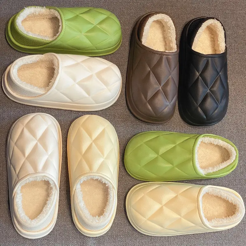 Autumn and Winter Quilted Heel Cotton Slippers for Women Indoor Thick-Soled Non-Slip Warm Eva Waterproof Confinement Shoes Supermarket Ready Stock