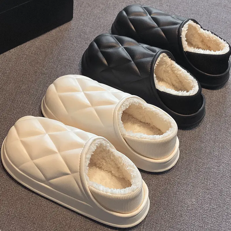 Autumn and Winter Quilted Heel Cotton Slippers for Women Indoor Thick-Soled Non-Slip Warm Eva Waterproof Confinement Shoes Supermarket Ready Stock