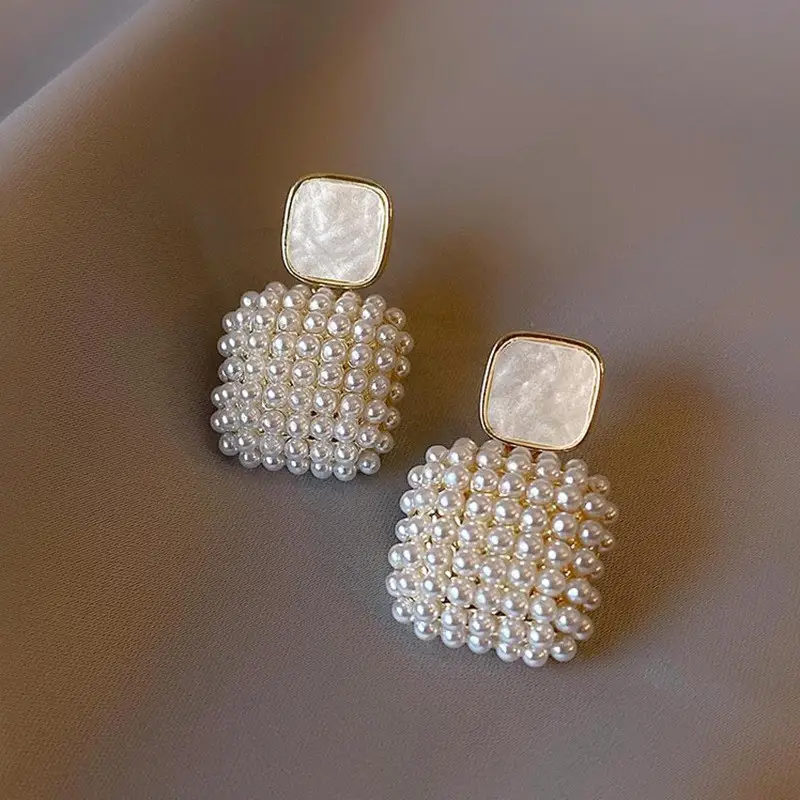 Retro Square Pearl Earrings for Women