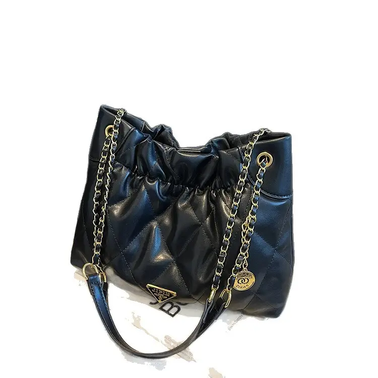 Black Diamond Chain Shoulder Bag Large Capacity Soft Leather - Image 7