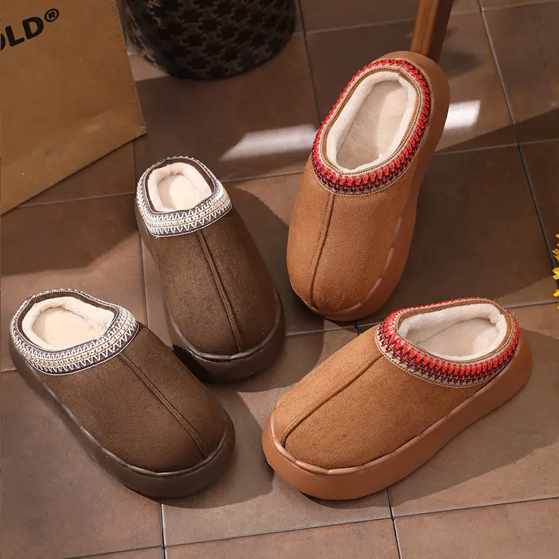 Women's Cotton Ethnic Slippers Warm Winter Brown - Image 4