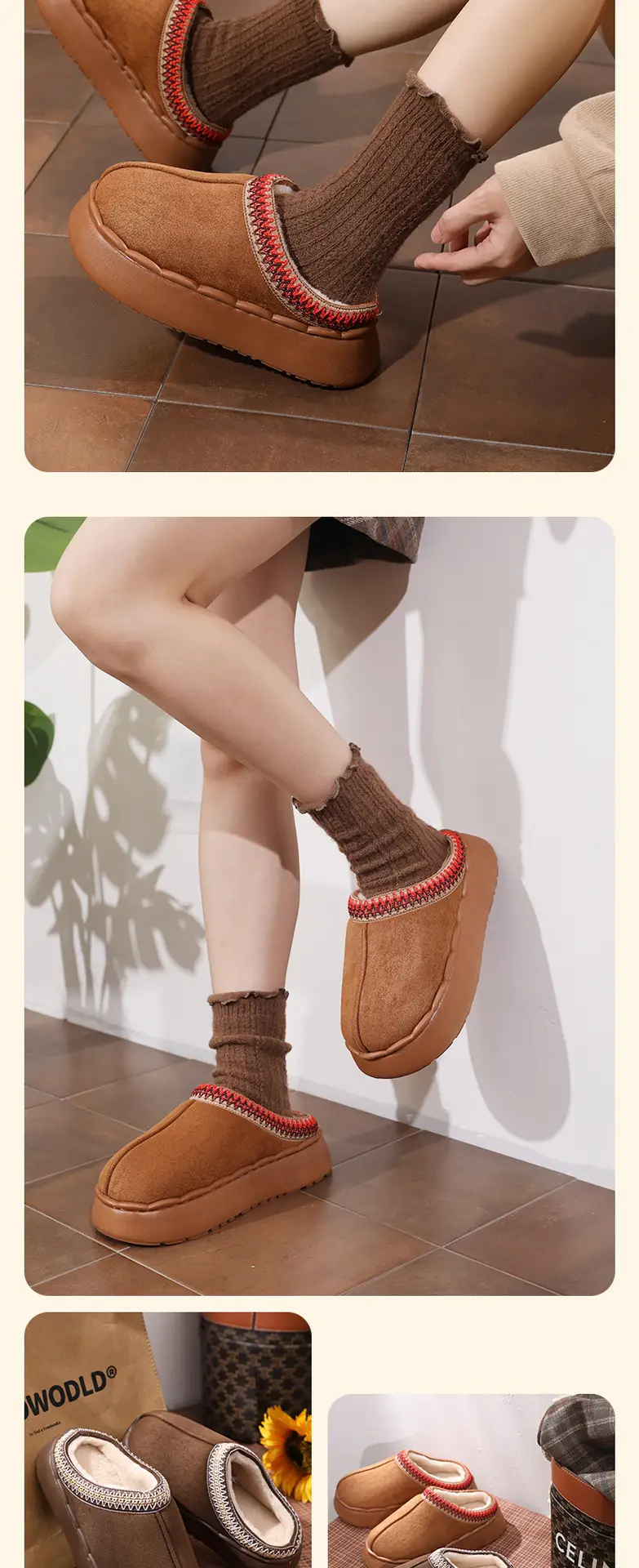 Women's Cotton Ethnic Slippers Warm Winter Brown — feature 6