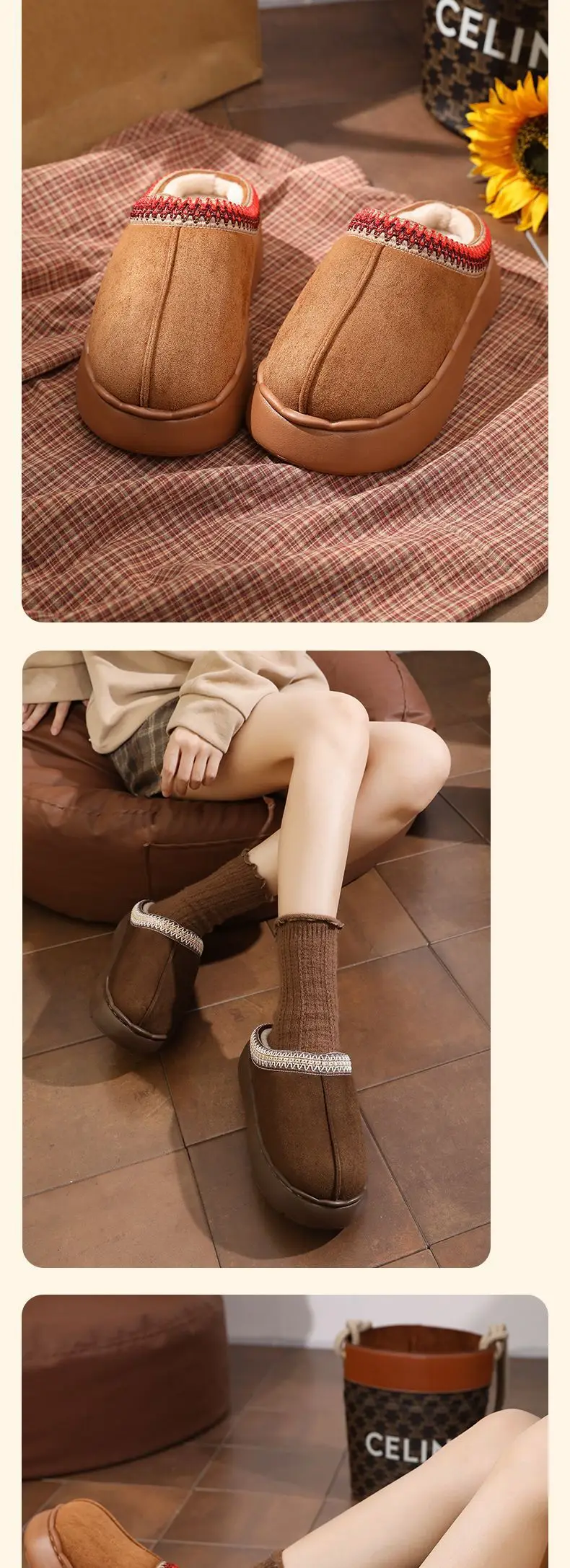 Women's Cotton Ethnic Slippers Warm Winter Brown — feature 9