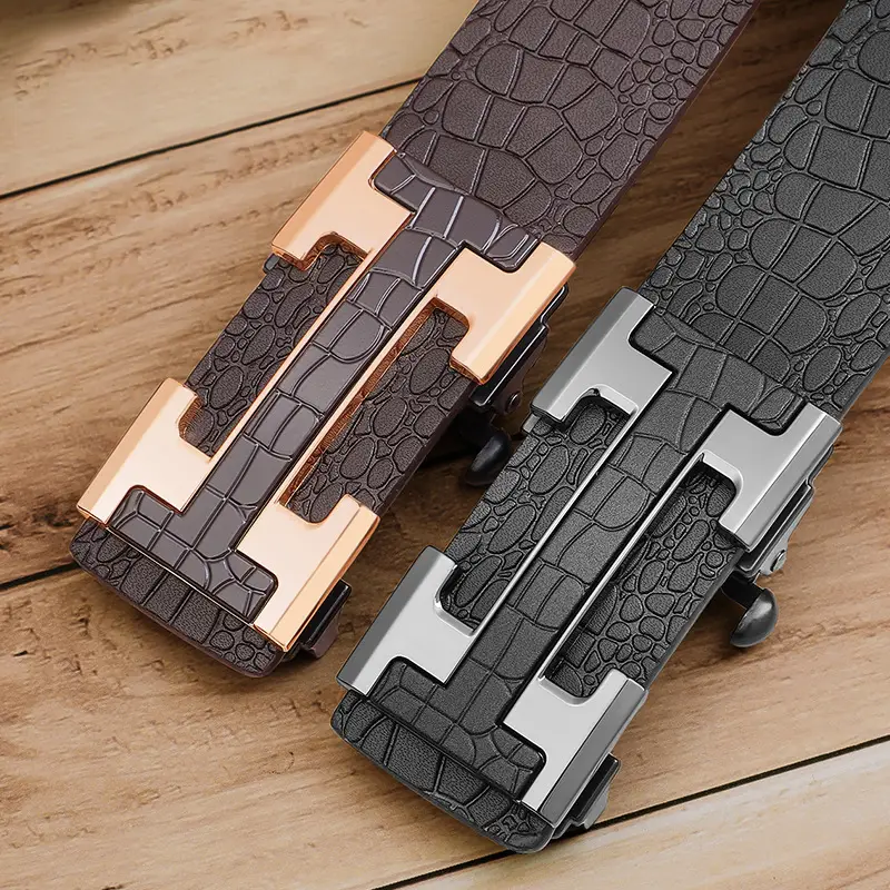Men's Genuine Leather Belt with Gold Buckle Brown - Image 4