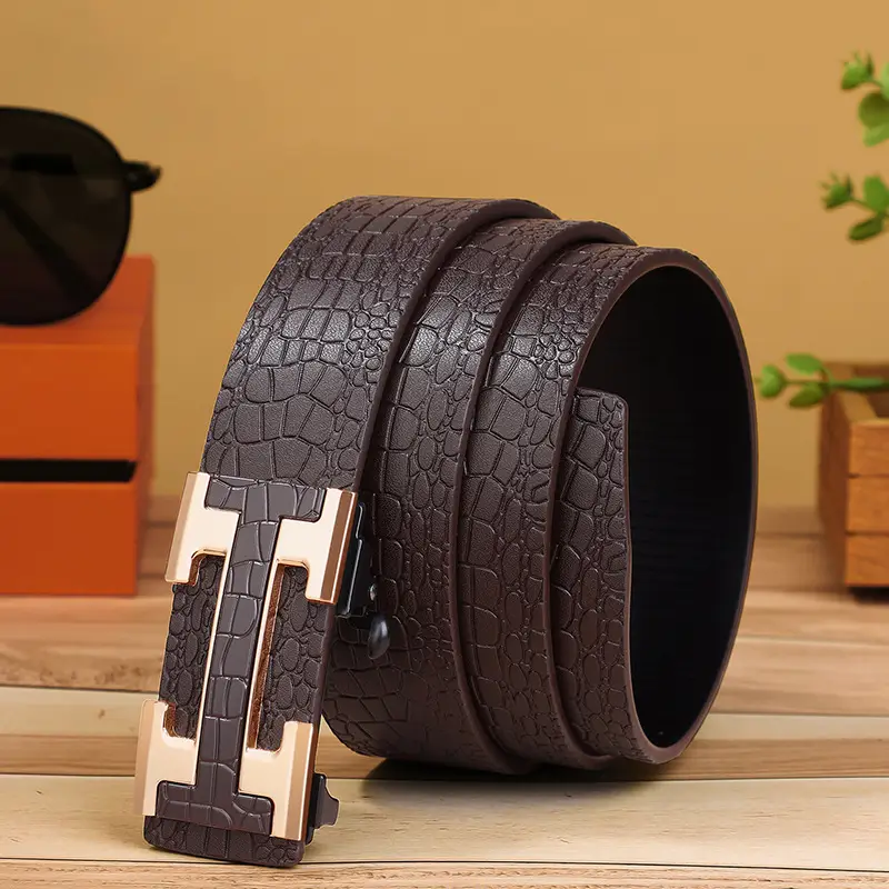 Men's Genuine Leather Belt with Gold Buckle Brown - Image 5