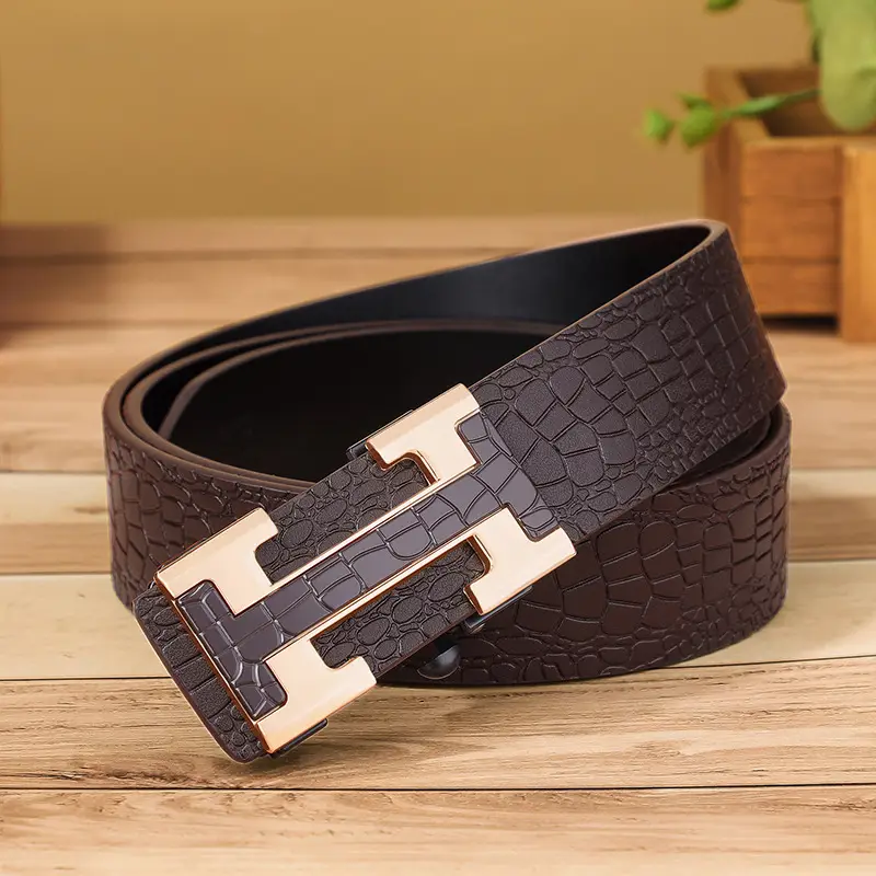 Men's Genuine Leather Belt with Gold Buckle Brown - Image 6