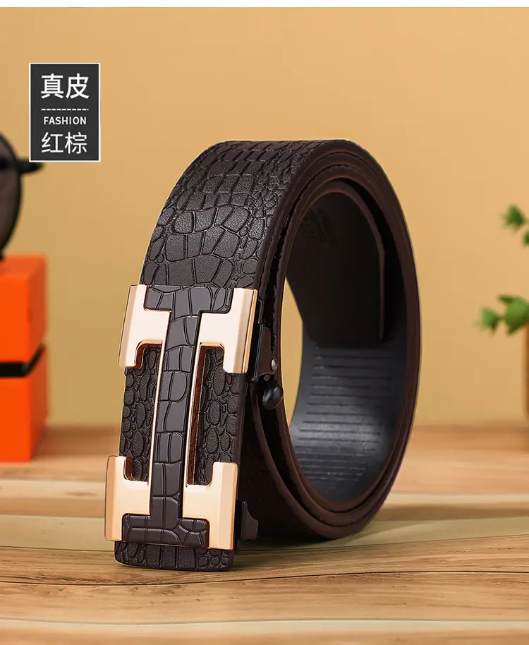 Men's Genuine Leather Belt with Gold Buckle Brown — feature 14