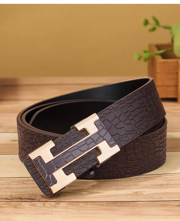Men's Genuine Leather Belt with Gold Buckle Brown — feature 15