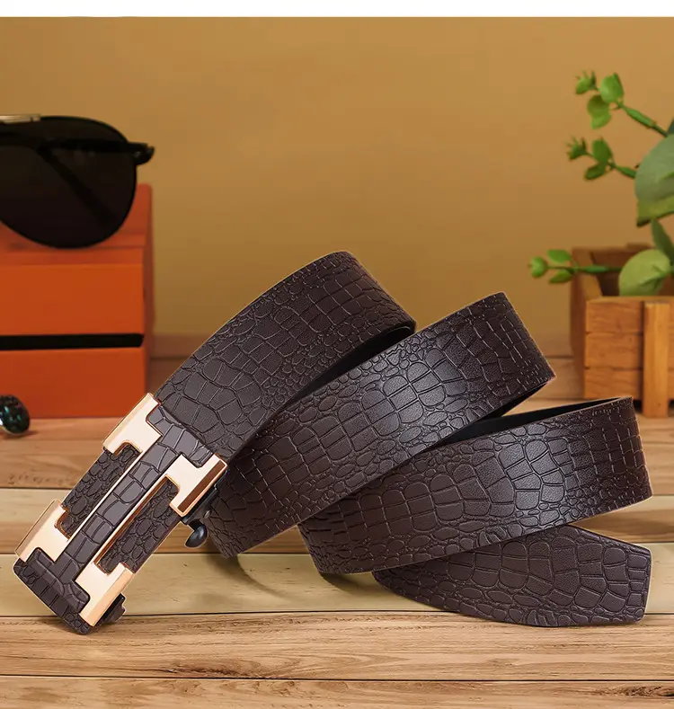 Men's Genuine Leather Belt with Gold Buckle Brown — feature 16