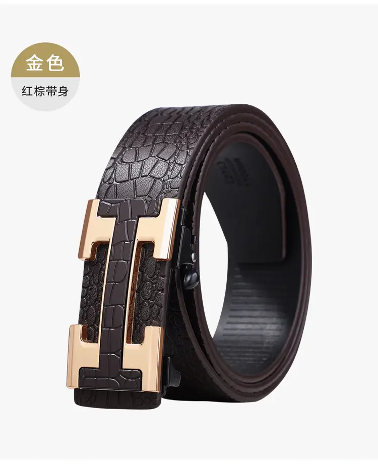 Men's Genuine Leather Belt with Gold Buckle Brown — feature 8