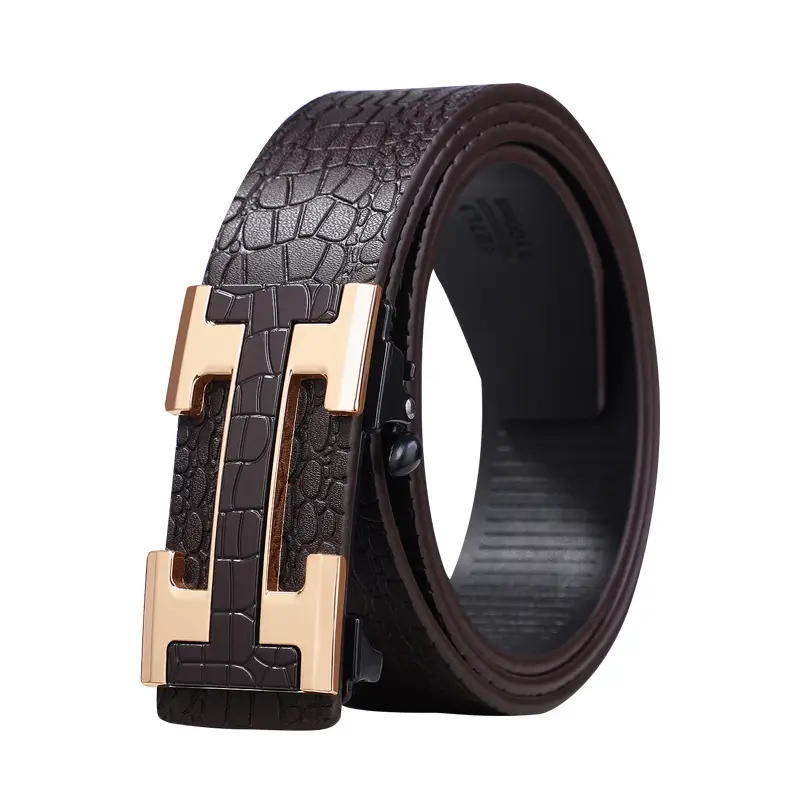 Men's Genuine Leather Belt with Gold Buckle Brown - Image 2
