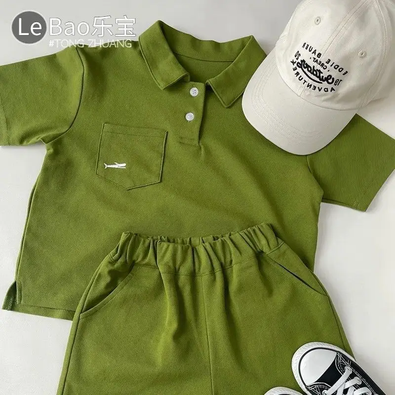 Green Korean Style Boys Shorts Set Polo Collar Shorts - Image 5