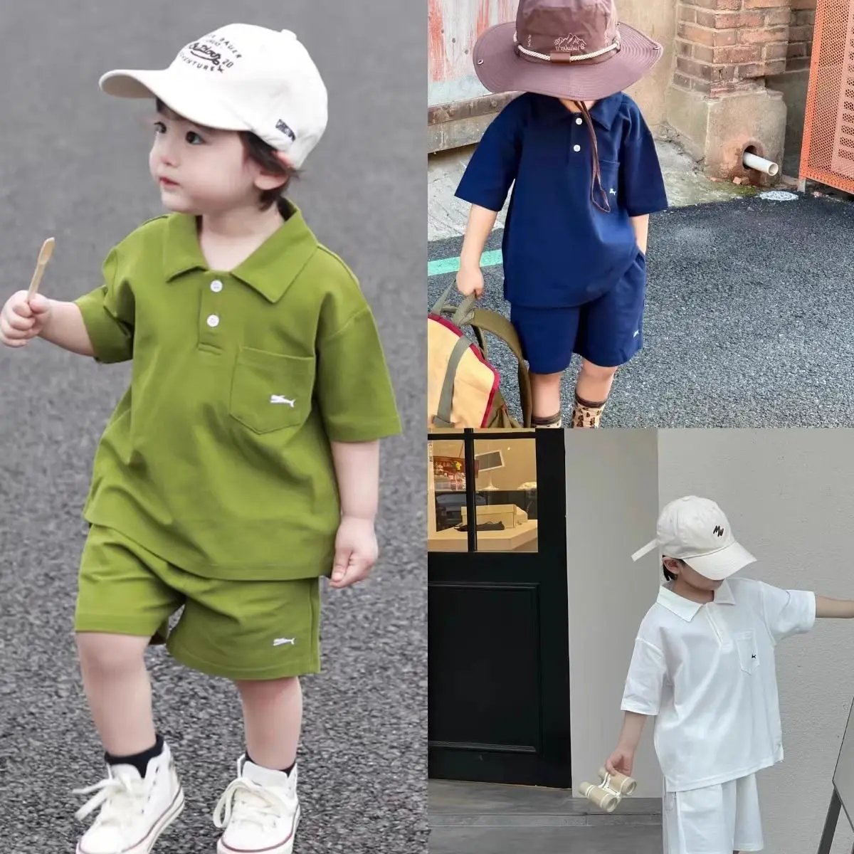 Green Korean Style Boys Shorts Set Polo Collar Shorts — feature 1